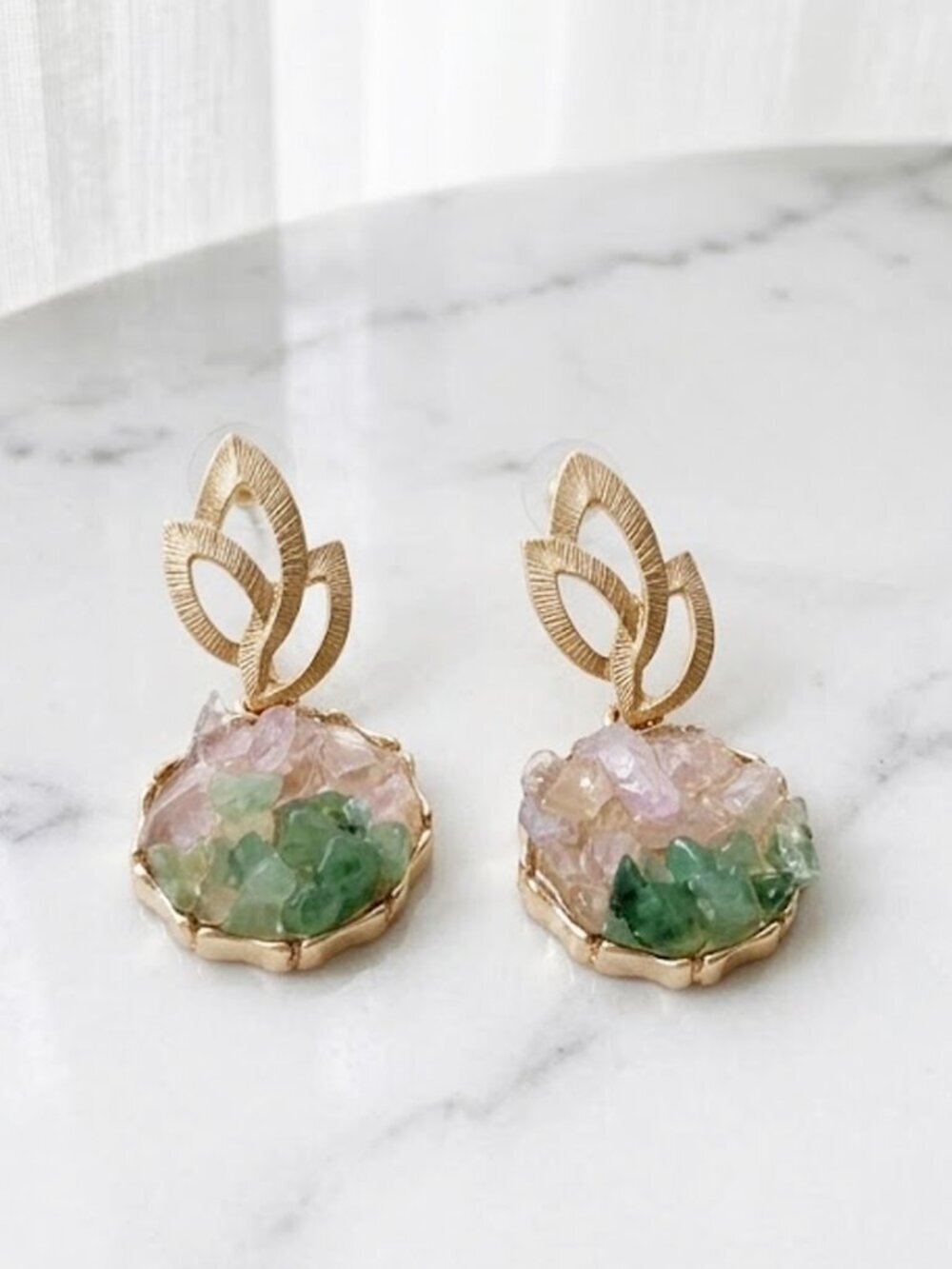 Green Fashion Flower Leaf Stone Earrings